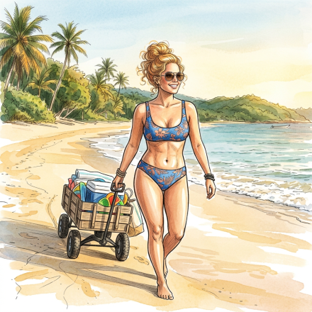 Woman in blue and pink floral bikini pulling wagon with beach items on sandy beach